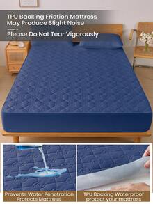 1pc Waterproof Solid Color Bed Sheet, Skin-Friendly Dust-Proof Moisture-Proof Mattress Protector Cover, Ultrasonic Embossed Suitable For All Size Mattresses (Double/Full/Queen/King), Bedding Gift, Machine Washable - Navy Blue - View 7