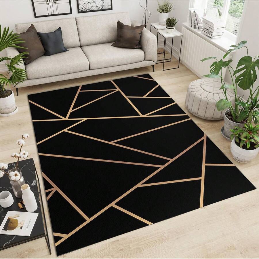 Nordic Black Gold Geometric Texture Area Rug, Abstract Golden Irregular Line Art Indoor Non-Slip Rugs, Machine Washable Breathable Durable Carpet For Front Entrance Floor Decor, Living Room Bedroom Sofa Home Decor, Multi Carpets Home Decor Rugs, Homestay Hotel, Non-Slip Machine Washable Carpet, Home Decor Room Decor - Nordic Black Gold - View 1