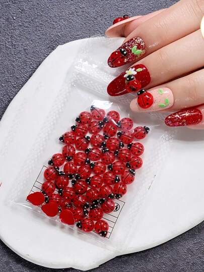 50pcs/Bag Cute 3D Red Ladybug Nail Charms,Glossy Red Ladybug Nail Gems With Black Spots Resin Insect Nail Art Decorations,Spring/Summer Nail Designs, Nail Art Supplies For Salon & Home Use
