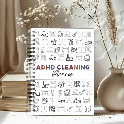 دفتر تنظيم التنظيف ADHD بحجم A5، تصميم أيقونات بسيط، مخطط كامل للأعمال المنزلية لمرضى ADHD