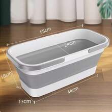 方形拖把桶，带把手，干湿两用，耐用便携，可折叠大容量清洁用品 - 折疊款米白色折疊桶帶底部滾輪 - 查看 2