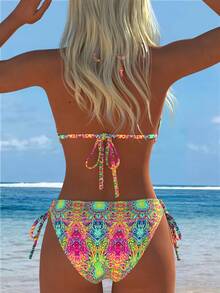 Vibrant Pattern Women's Bikini Set, Deep V Neck And Lace Up Details For A Sexy And Casual Beach Look - [多色] - 查看 5