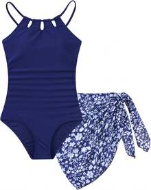 Girls One Piece Swimsuit With Mesh Cover Ups Adjustable Straps Cut Out Swimwear Bathing Suit Size 7-16 - Dark Blue Floral - View 2