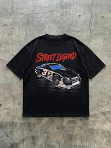 男士圆领休闲短袖T恤，饰有赛车元素 - 黑色 - 查看 3