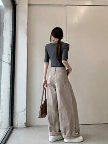 YEAE | Quần jeans ống rộng xếp ly cho nữ, quần ống đứng dáng rộng thoải mái, thích hợp cho mùa xuân - Màu Khaki - Xem 6