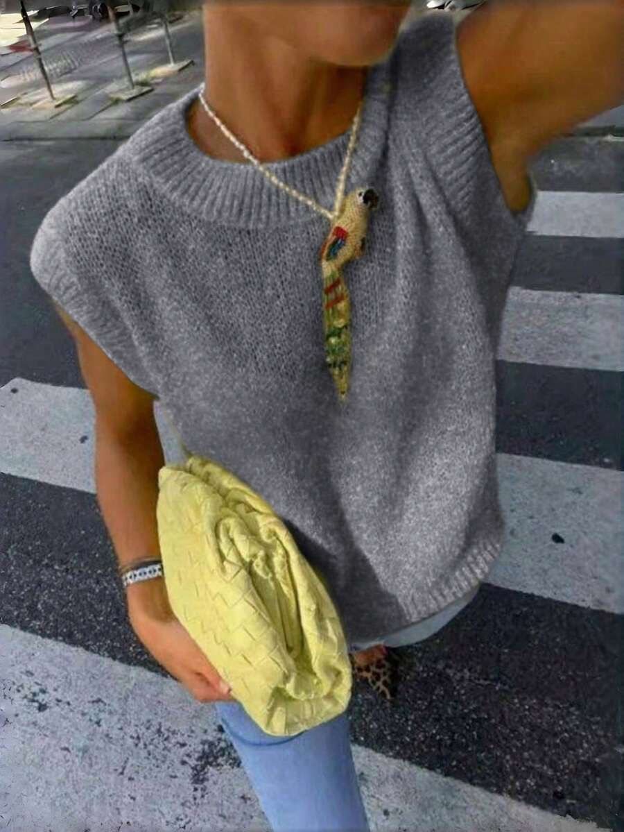 Áo len dệt kim không tay cổ tròn màu vàng mới cho mùa hè/thu, kiểu dáng rộng rãi thoải mái, áo hai dây mỏng nhẹ, áo kiểu nữ dễ thương, trang phục ngày Valentine, trang phục ngoài trời. - Màu xám đen - Xem 1