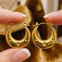 Gold Thick Hoop Earrings, Delicate Minimalist Open Circle Earrings, Pentagram Clip-On Earrings, Luxury Women Earrings - Gold - View 12