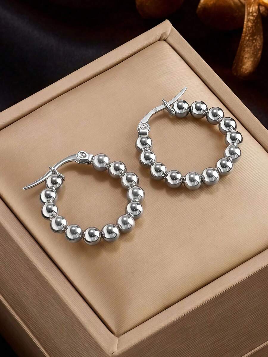 Khuyên tai vòng tròn đính hạt bạc thời trang - Khuyên tai tròn đính hạt dành cho nữ - Khuyên tai bằng thép không gỉ mạ vàng 14K - Nhẹ và không gây dị ứng - Khuyên tai vòng tròn đính hạt xoắn ốc cổ điển - Món quà trang sức thời trang thanh lịch - Thích hợp cho các dịp thường ngày, tiệc tùng, sinh nhật, đám cưới. - Bạc - Xem 1