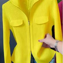 Women'S Long-Sleeve Cardigan With A Lapel, Featuring A Unique Double Zipper Design, Perfect For Early Spring 2025. A Versatile Top That Can Be Worn As A Base Layer Or Outerwear - 黃色 - 查看 1
