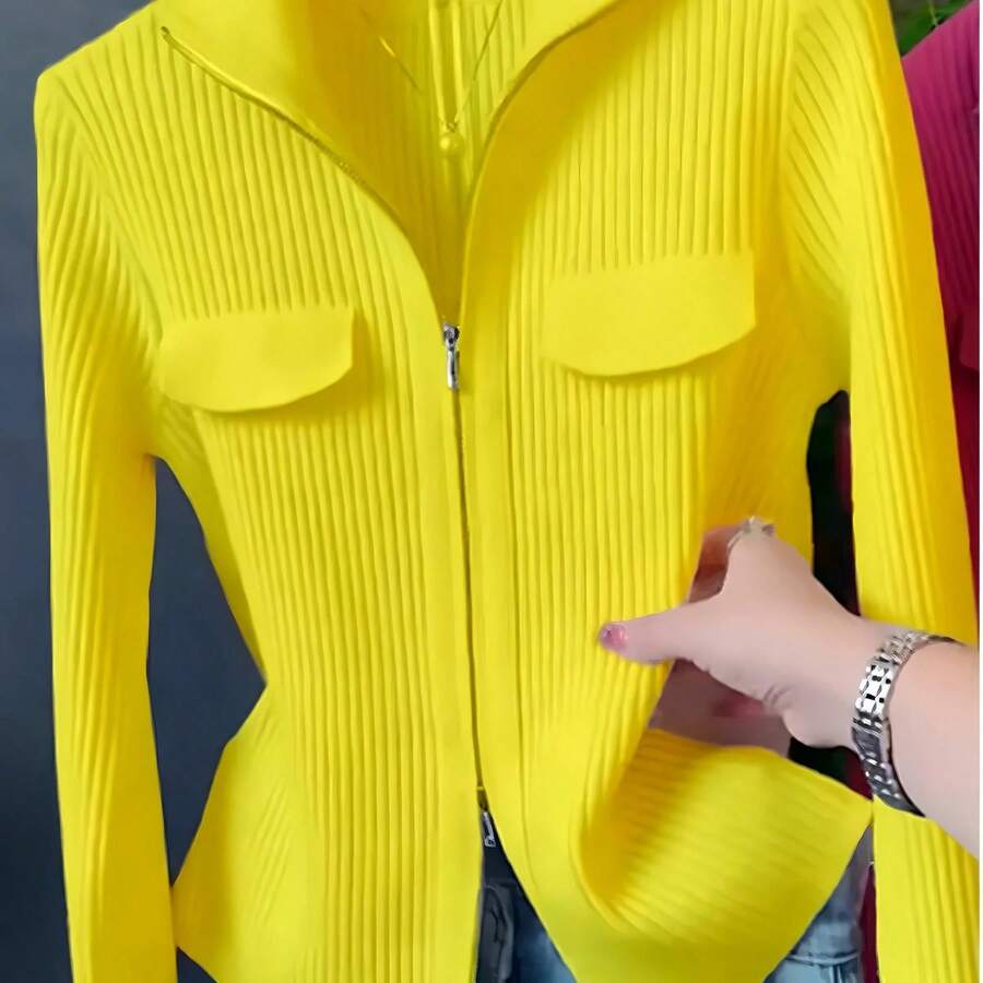 Women'S Long-Sleeve Cardigan With A Lapel, Featuring A Unique Double Zipper Design, Perfect For Early Spring 2025. A Versatile Top That Can Be Worn As A Base Layer Or Outerwear - 黃色 - 查看 1
