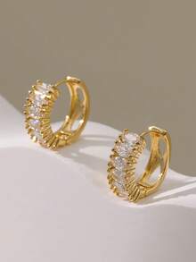 2只装奢华法式风格铜质微镶锆石镀金耳环，适合婚礼、派对、节日和日常佩戴。 - 金色 - 查看 5