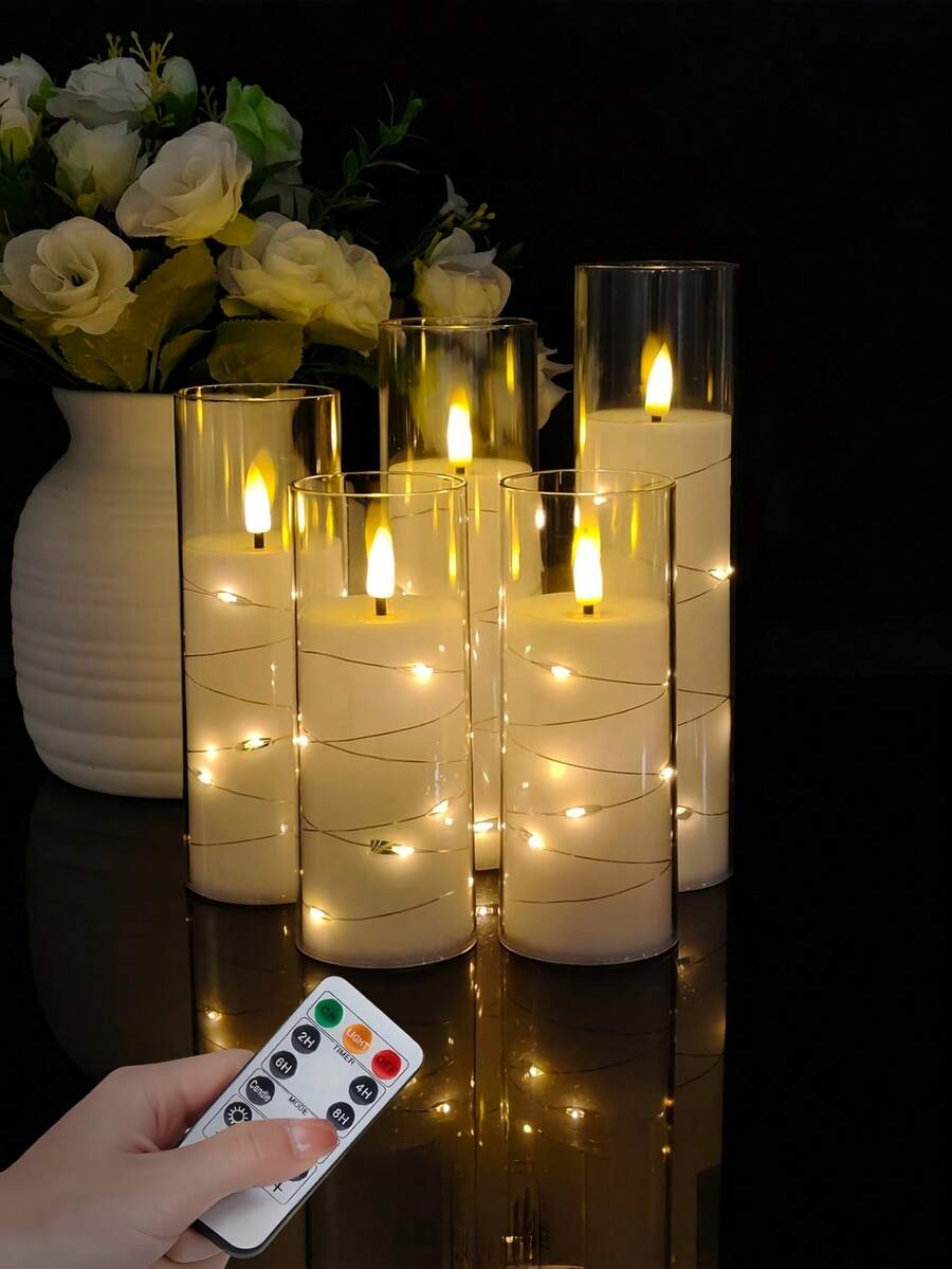 2/3/5pcs Flickering Flameless Candles, LED Pillar Candles With Built-In LED String Lights, Acrylic Material, With Remote Control, Suitable For Tabletop Decor, Christmas, Halloween, Valentine's Day, Wedding, Party, Holiday Atmosphere Decoration