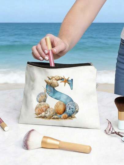 1pc Stylish A-Z Beach-Themed Starfish Letters Makeup Bag,Starfish Coral Shell Pattern Printed,Vibrant Seaside Design,Unisex Travel Cosmetic & Toiletry Organizer, Large Capacity Cosmetic Bag, Portable Casual Storage Bag, Multifunctional Shopping Bag, Portable Travel Beach Makeup Bag, Travel Toilet Organizer Zipper Bag