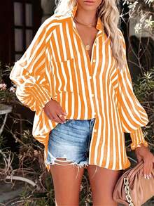 Plus Size Women Spring/Summer Elegant Travel & Vacation Striped Washed Vintage Style Loose Blouse With Lantern Sleeves - Dirty Orange - View 3