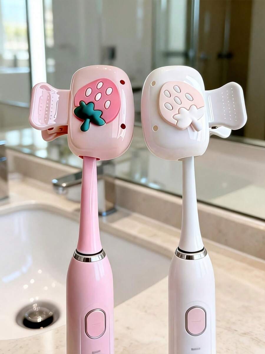 2pcs Cute Toothbrush Holder Travel Container, Strawberry Toothbrush Holder Design, Colors: Pink & White, Suitable For Home, Bathroom, Dorm, Hotel, Studio, Convenient For Travel
