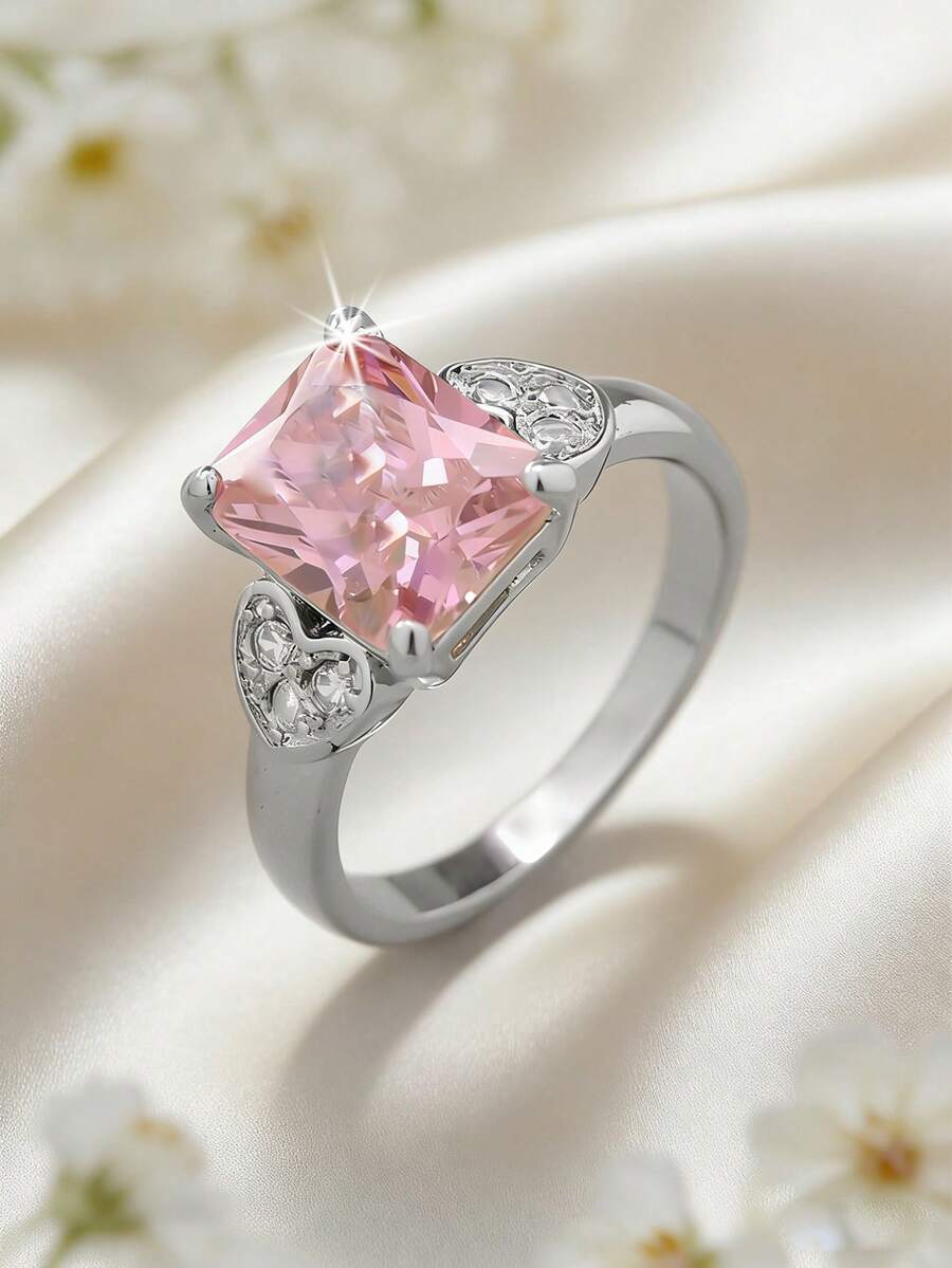 1枚高品质优雅长方形合成立方氧化锆四爪镶嵌女士结婚戒指 - 完美珠宝礼物 - 周年纪念、订婚、结婚戒指 - 圣诞节、情人节礼物 - 粉色 - 查看 1