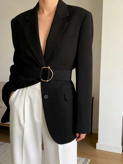 女士弹力腰带，配金色金属环扣 - 黑色宽布腰带，适用于连衣裙、外套、休闲装