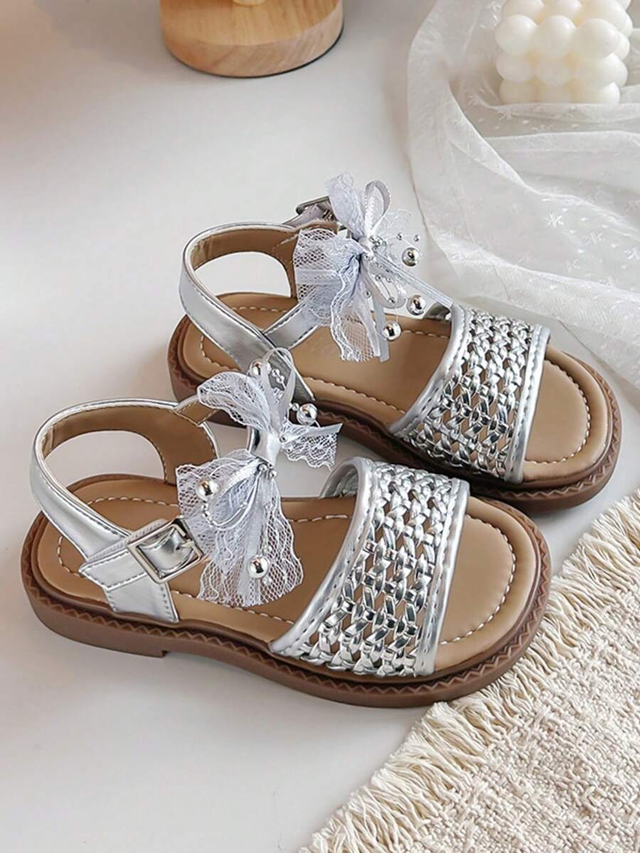 2026 Summer Girls Knitted Open Toe Sandals, Children's Open Toe Mesh Lace Bow Princess Sandals, Beach Sandals - Silver - View 1