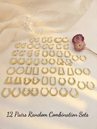 12 Pairs Assorted Women's Earrings Set, Gold Tone Earring Jewelry, Stainless Steel Asymmetrical Geometric Abstract, Heart, Semi-Circle Open, Shell, Hoop, Vintage Beaded Earrings, Suitable For Swimwear, Beach Vacation, Wedding Dress Accessories