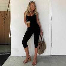New Solid Black Halter Neck Capri Jumpsuit For Women - Sleeveless U-Neck Form Fitting Stretchy One Piece Activewear For Yoga Workout Casual Wear - màu đen - Xem 7