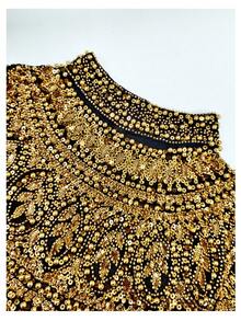 奢华女士皇家黑金V领亮片刺绣阿拉伯长袍斗篷袖连衣裙，适合派对、婚礼、家庭聚会等场合。 - 黑色 - 查看 7