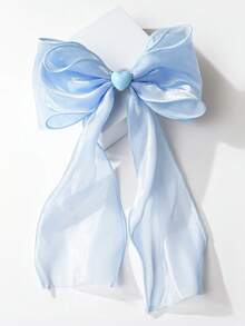 1pc White Mesh Bow Ribbon Barrette, Elegant Butterfly Hair Clip For Women - Blue - View 2