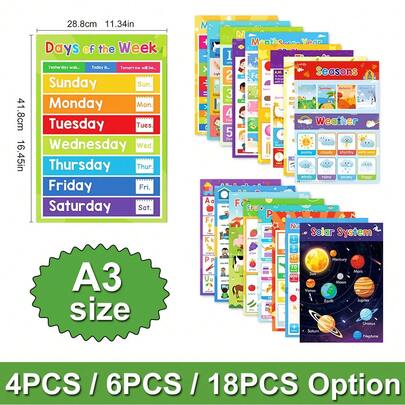 Lachilly 蒙特梭利早期教育海报图表套装，适用于幼儿、学前儿童、幼儿园、游戏室装饰、日托中心墙面装饰、家庭学校教室用品 - ESL教学数字、字母、颜色、日期等，早期学习玩具，自闭症儿童早期学习材料，学习工具，活动闪卡，大卡片，教学辅助用品
