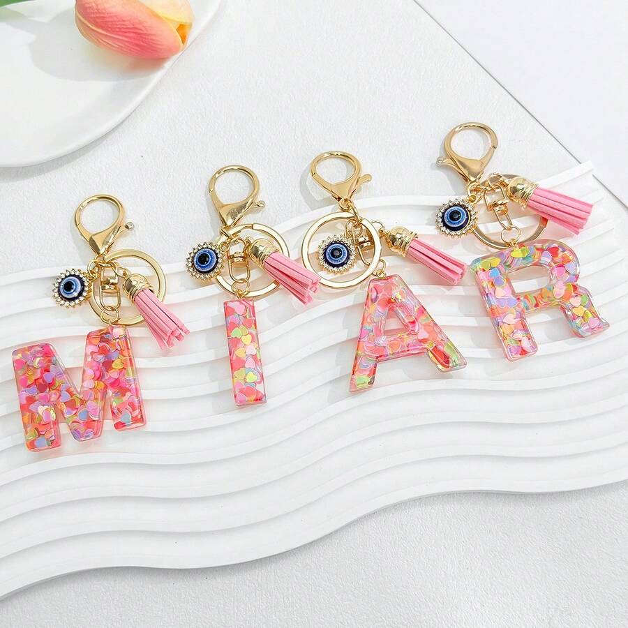 1个新款粉色26个英文字母钥匙扣，带邪眼流苏吊坠，可作钥匙链或包包挂饰 - 彩色 - 查看 1