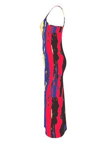LovelyWholesale Women's Elegant Party Mixed Print Fitted Spaghetti Strap Dress, Summer Long Dress, Women's Summer Vacation Outfit Red - Red - View 5