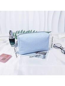 泡泡纱化妆包，印花带提手，大容量洗漱包，条纹刺绣，旅行收纳包 - 彩色 - 查看 4