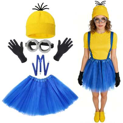 黄色帽子、眼镜、蓬蓬裙、背带万圣节服装配饰套装，适合节日派对、趣味活动、生日礼物