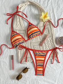 Sexy & Vibrant Rainbow Striped Bikini Set 2pcs - Triangle Top With Thin Straps & Low Waist Side-Tie Bottom | Beach Vacation Swimwear For Women Summer - Multicolor - View 3