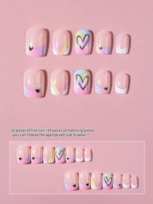 24pcs Y2K Short Square Nail Stickers, Rainbow Multicolor French Manicure With Heart & Star Patterns, Easy-To-Wear Acrylic Fake Nails Set Includes 1pc Jelly Gel And 1pc Nail File, Suitable For Women And Girls Daily Life And Various Parties - View 2