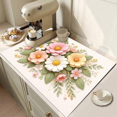 1 tấm lót thấm hút họa tiết hoa, tấm lót máy pha cà phê trang trí nhà bếp, tấm lót ấm pha cà phê thủ công, thảm trải sàn nhà bếp, thảm bàn ăn, tấm lót bát đĩa trên quầy bếp, thảm ăn sáng, thảm thoát nước chống trượt chịu nhiệt, thảm thoát nước bằng đất tảo cát, che giấu vết bẩn, thảm nhà bếp siêu thấm hút, thảm giá đựng bát đĩa dễ lau chùi, thích hợp cho nhà bếp, bàn ăn, quán cà phê, quán bar, ngày lễ, tiệc tùng, trang trí nhà cửa, quà tặng Ngày của Mẹ, quà tặng cho mẹ, quà tặng ngày lễ