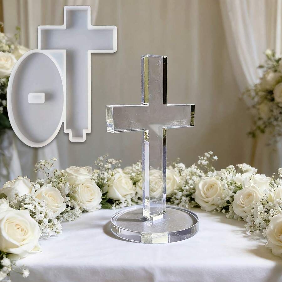 带底座十字架模具，带底座十字架蜡烛模具，硅胶树脂模具，适用于蜡烛、肥皂、香薰珠、树脂粘土吊坠、DIY工艺品、蜡烛圣诞礼物 - Cross with Base Mold - 查看 1