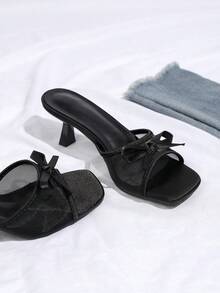 Nuevos sandalias de tacón de gatito francés con estampado de leopardo, versátiles y de moda para mujer - Negro - Ver 6