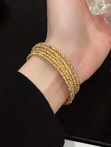 1pc Crushed Silver Handmade Beaded Three-Layer Five-Layer Open 24K Gold Plated Bracelet Metallic Light Luxury Personalized Multi-Layer Bracelet Elegant Versatile Hand Jewelry For Women - Multicolor - View 2