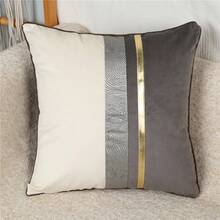 1pc Thickened Plush Gray & White Patchwork PU Leather Sofa Lumbar Pillow Cover, Modern Minimalist - Grey - View 9