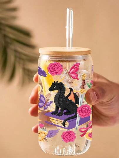 1pc Rose, Butterfly, Star, Magic Dragon Pattern Glass Cup With Lid And Straw, Drinkware, Fantasy Little Black Dragon, Ideal Gift, Souvenir, Suitable For Home And Office