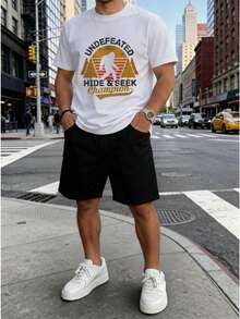 Conjunto masculino casual outdoor de dos piezas con estampado gráfico vintage de letras y naturaleza algodón ajuste holgado cuello redondo manga corta primavera verano uso diario set - Blanco 2 - Ver 2