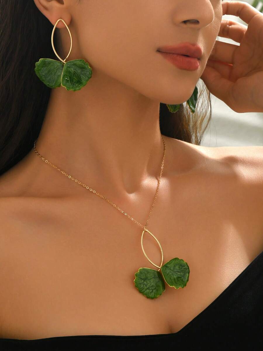 1 Set Versatile Leaf Enamel Gradient Pendant Necklace & Earrings Set, Casual Style Jewelry Set For Women - Green - View 1