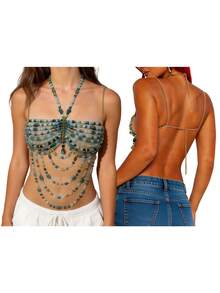 Beaded Body Chain, Blue And Green Artificial Crystal With Gold Accents,Mermaid Costume Bra Rave/Festival/Burlesque Bra Top - màu xanh lá - Xem 7