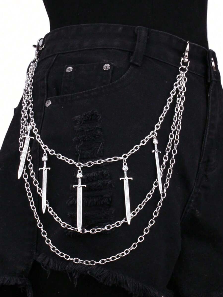 1 pieza Collar de cadena multicapa con colgante de espada de metal vintage, accesorio de moda adecuado para combinar con vaqueros, faldas, uso diario, ropa urbana, Halloween, festivales de música, estilo Y2K - Colgante de espada con múltiples cadenas - Ver 1