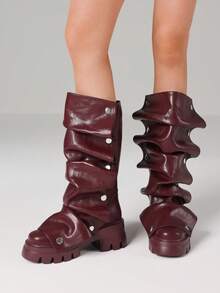 Women Mid Calf Boots Platform Heels Ruch Boots Knee High Fold Over Chunky Heel Short Booties Round Toe Wide Calf Pull-On Shark Boots Daily Party Y2K Dress Boots For Woman - Màu Đỏ Sâu - Xem 5