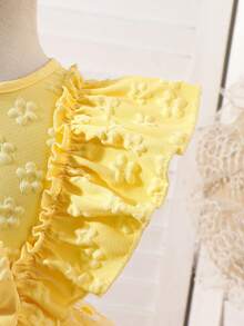 Đầm công chúa không tay cho bé gái, họa tiết hoa cúc jacquard ngọt ngào và dễ thương, chân váy lưới phồng với nơ và viền bèo nhún, lý tưởng cho mặc hàng ngày và đi nghỉ mát. - Màu vàng - Xem 5