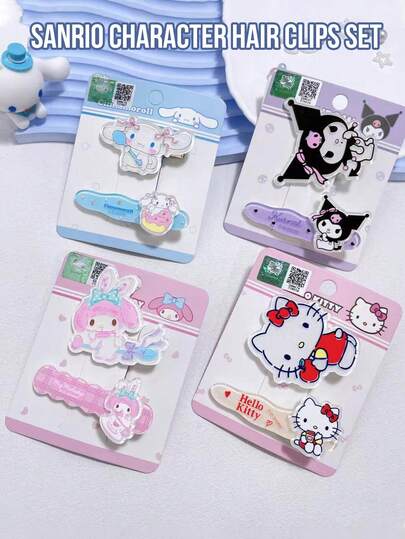 Sanrio Character Hair Clips Set, Cute Acrylic Hair Accessories, Women Girls, Hello Kitty My Melody Cinnamoroll Kuromi, 2pcs/set, Japanese Kawaii Style, Durable Sturdy, Secure Hold, Non-Slip, Lightweight, Comfortable, Dailysed Frings,找到 Gring, 植物, 西林科Fans