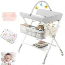 Mueble Cambiador para Bebe Impermeable Portátil Plegable Cambiador de Pañales para Bebe Con 5 niveles de ajuste de altura con Alenamiento XXL Portajuguetes Integrado Ruedas Silenciosas. - Gris - Ver 7