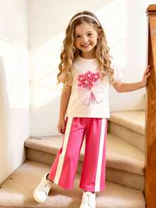 2pcs Young Girls Casual Outdoor Apricot Floral T-Shirt + Magenta Pants Set, Lightweight Spring/Summer Style - Apricot - View 3