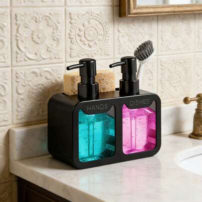 二合一皂液器套装，黑色厨房水槽收纳架，浴室台面液体皂液泵分配器