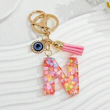 1个新款粉色26个英文字母钥匙扣，带邪眼流苏吊坠，可作钥匙链或包包挂饰 - 彩色 - 查看 25